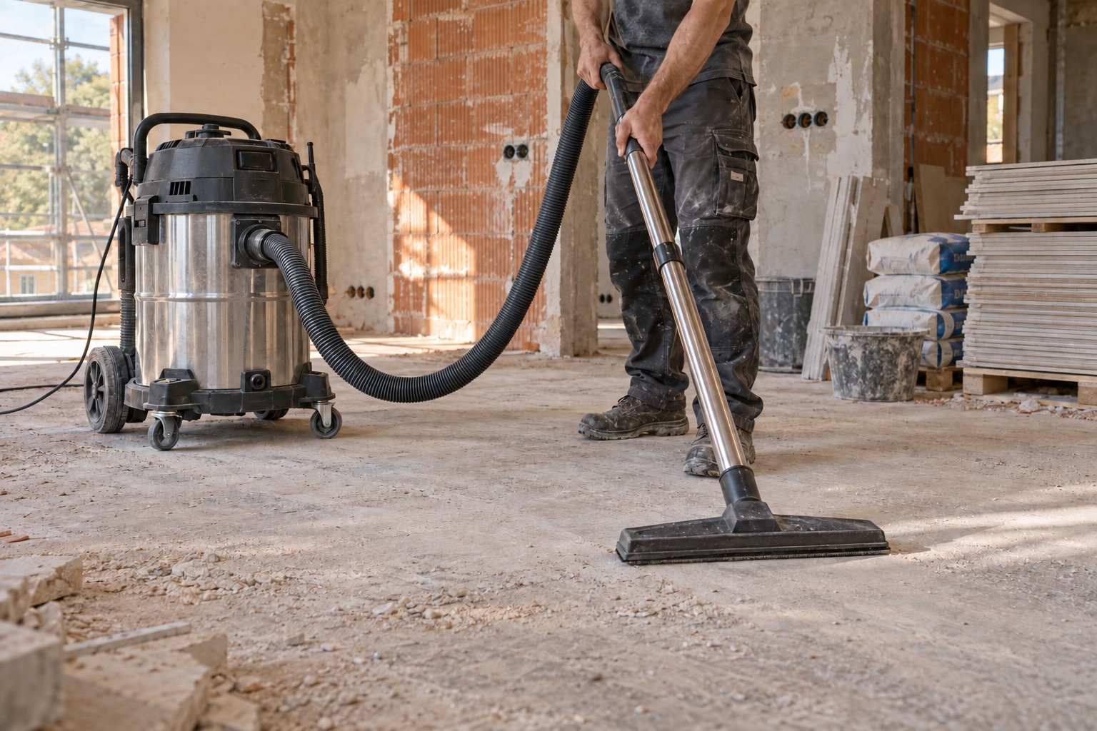 Baustaub wird mit einem professionellen Industriesauger im Rohbau entfernt – KI-generiertes Symbolbild